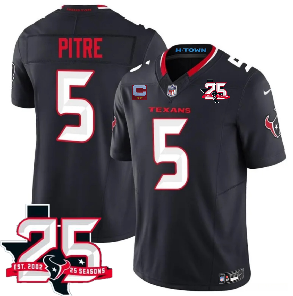Men's Navy Houston Texans #5 Jalen Pitre 2nd Alternate 2026 With 25th Anniversary Patch And 2-Star C Patch F.U.S.E. Vapor Limited Stitched Football Jersey